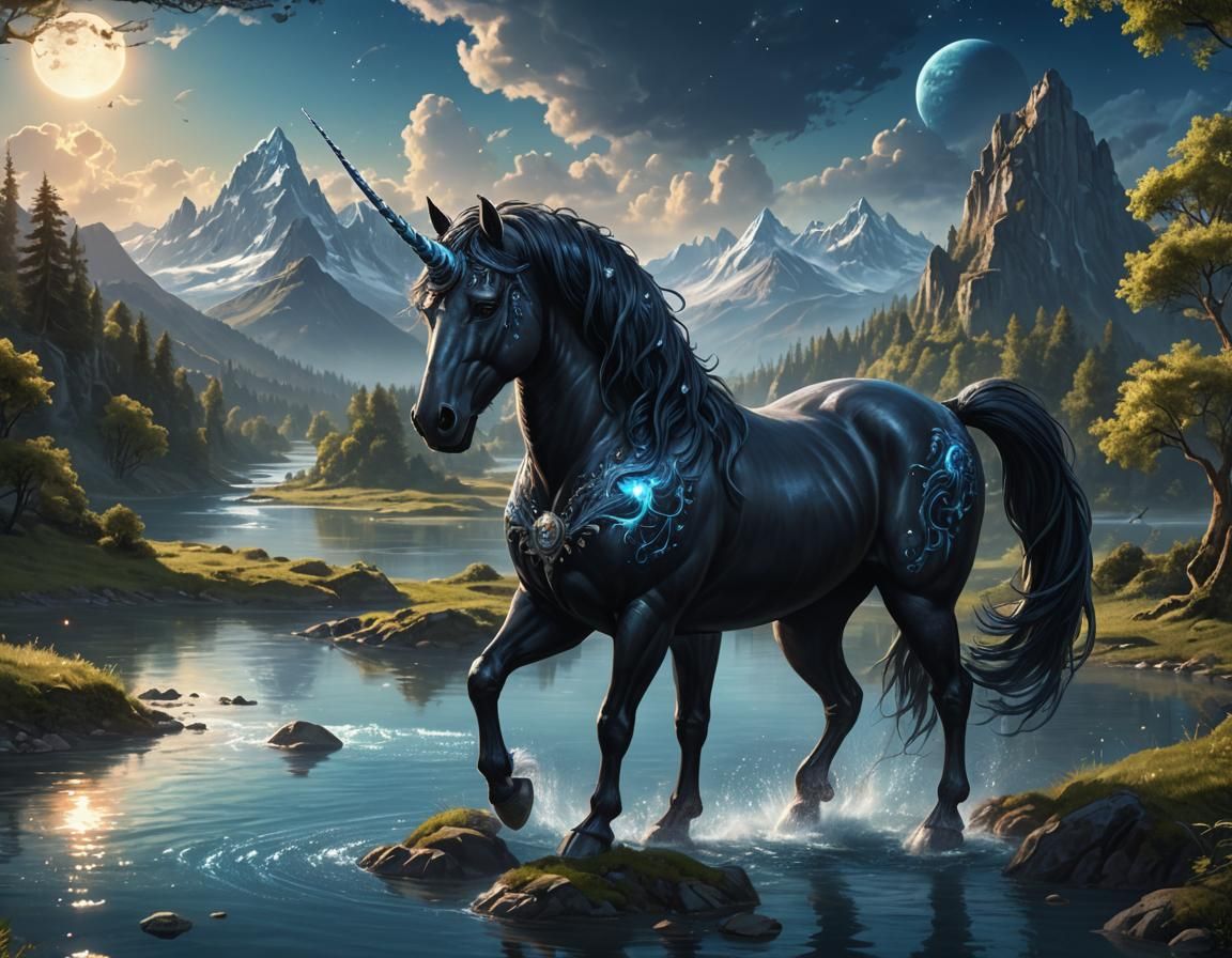 Majestic Black Unicorn on Alien Planet at Dusk