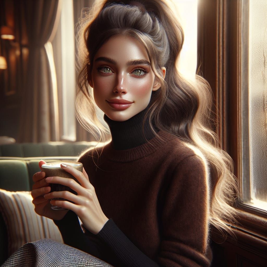 Elegant Woman Enjoys Coffee by Café Window