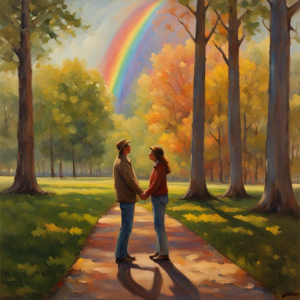 Park Scene with Rainbow in Oil Painting Style