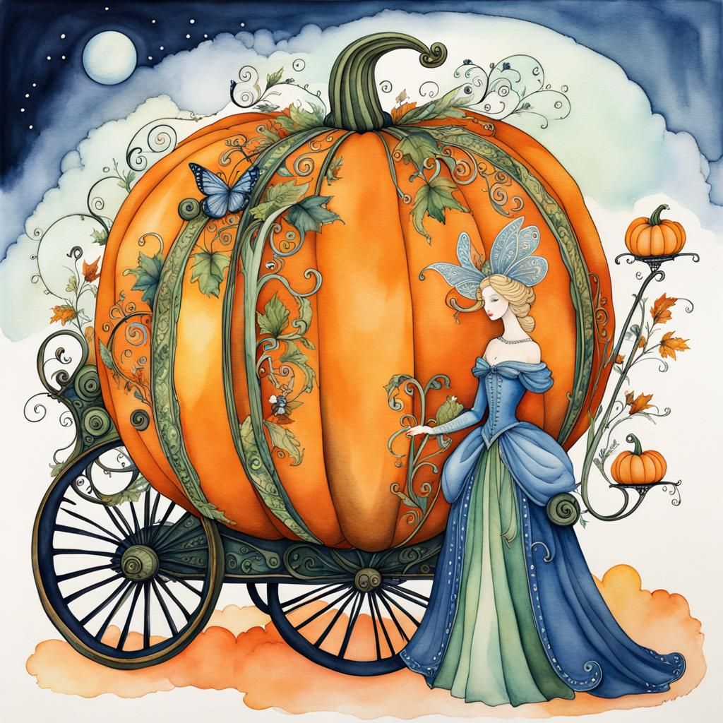 Surreal Pumpkin Carriage Illustration with Fairy Godmother