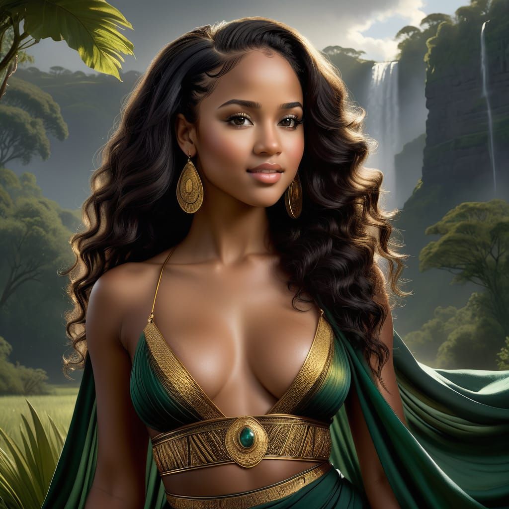 African Princess in Traditional Attire, Embracing the Rain