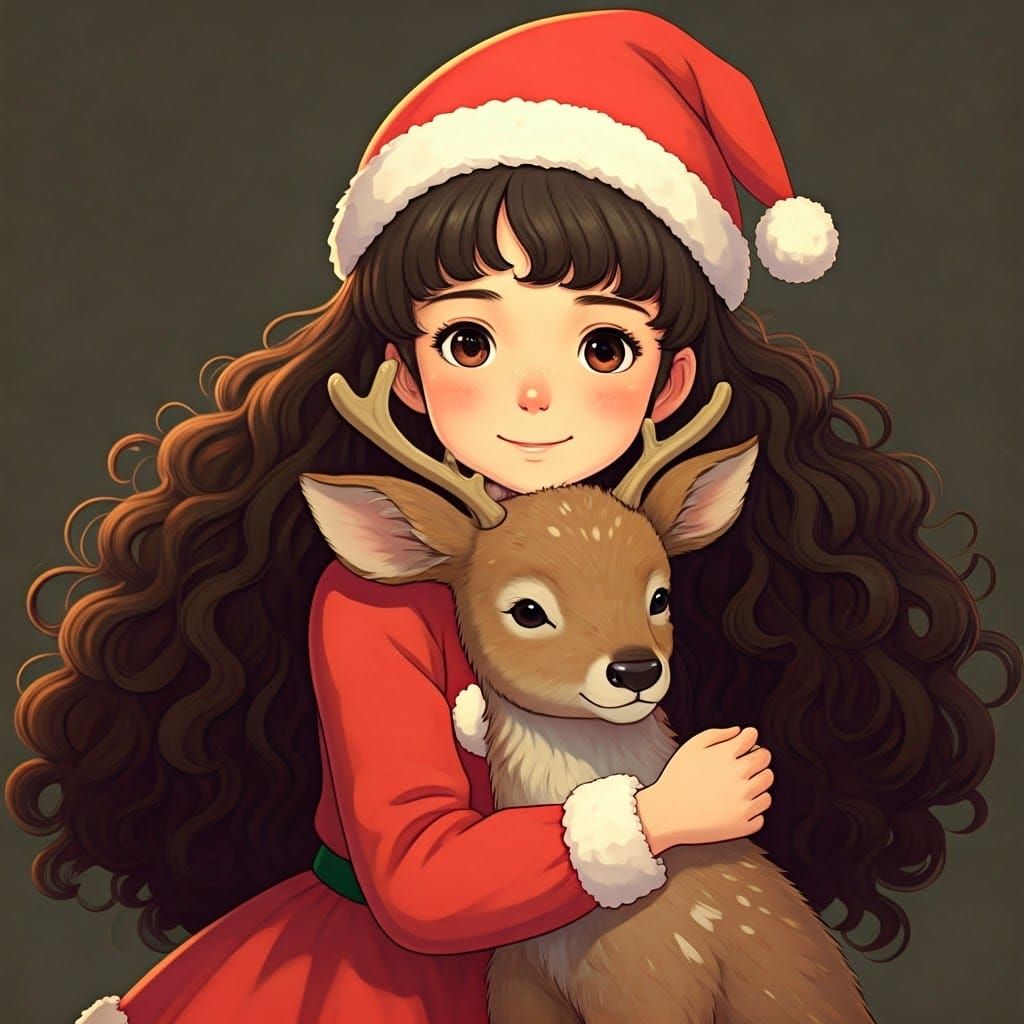 Girl in Vibrant Christmas Dress Hugs a Reindeer in Studio Gh...