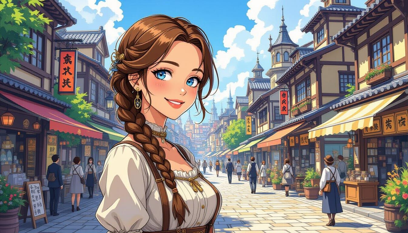 Japanese Steampunk Woman in Anime City, Watercolor Style