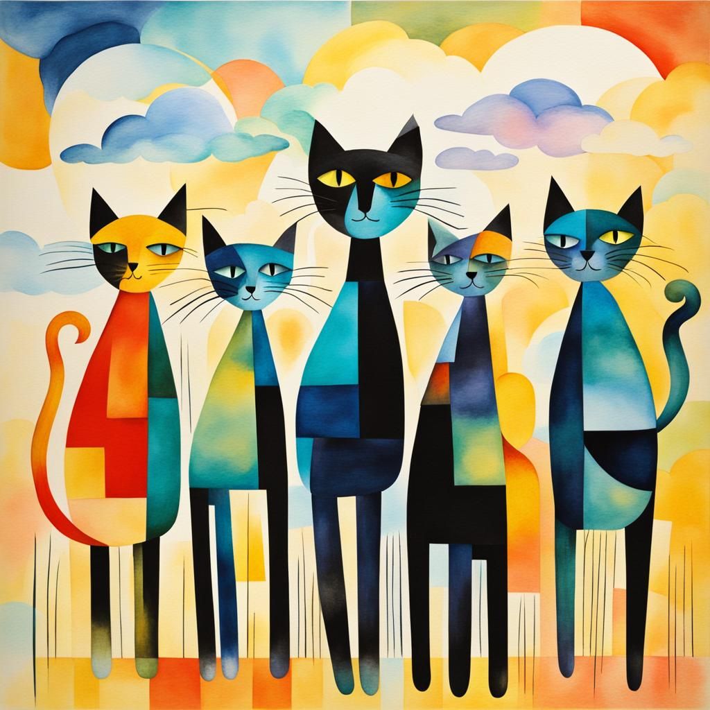 Cubist Cats Dancing in Watercolor by Picasso