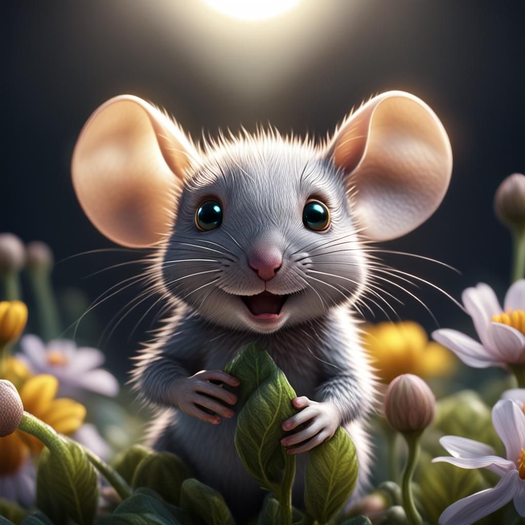 Adorable Baby Mouse in Flower, 3D Cinematic Render
