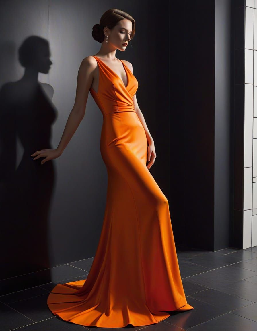 Elegant Woman in Orange Gown, Minimalist Vector Art