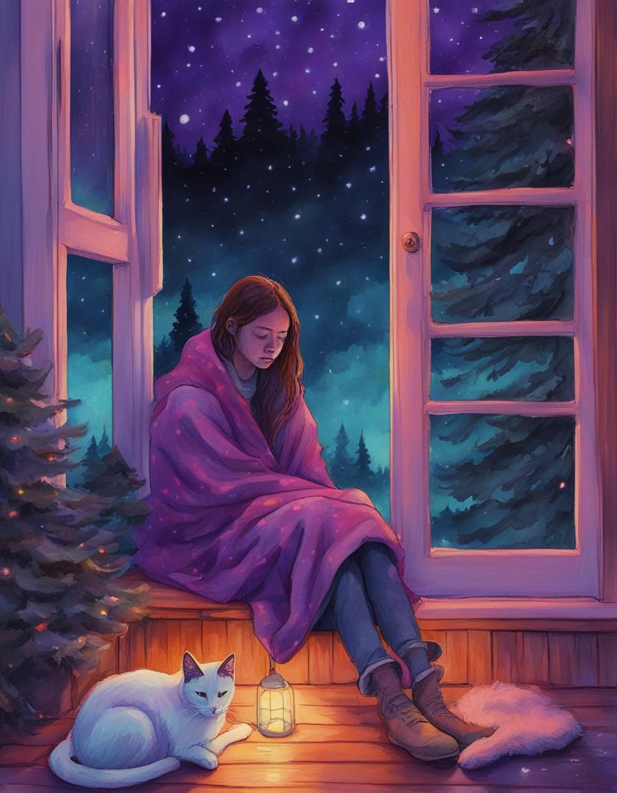 Girl with Cat on Porch in Watercolor Illustration