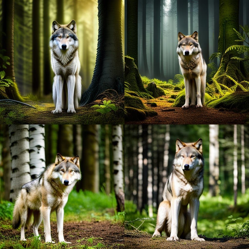 Black Wolf Standing in Forest Scene