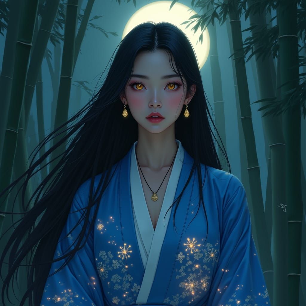 Asian Woman in Glowing Kimono in Bamboo Forest