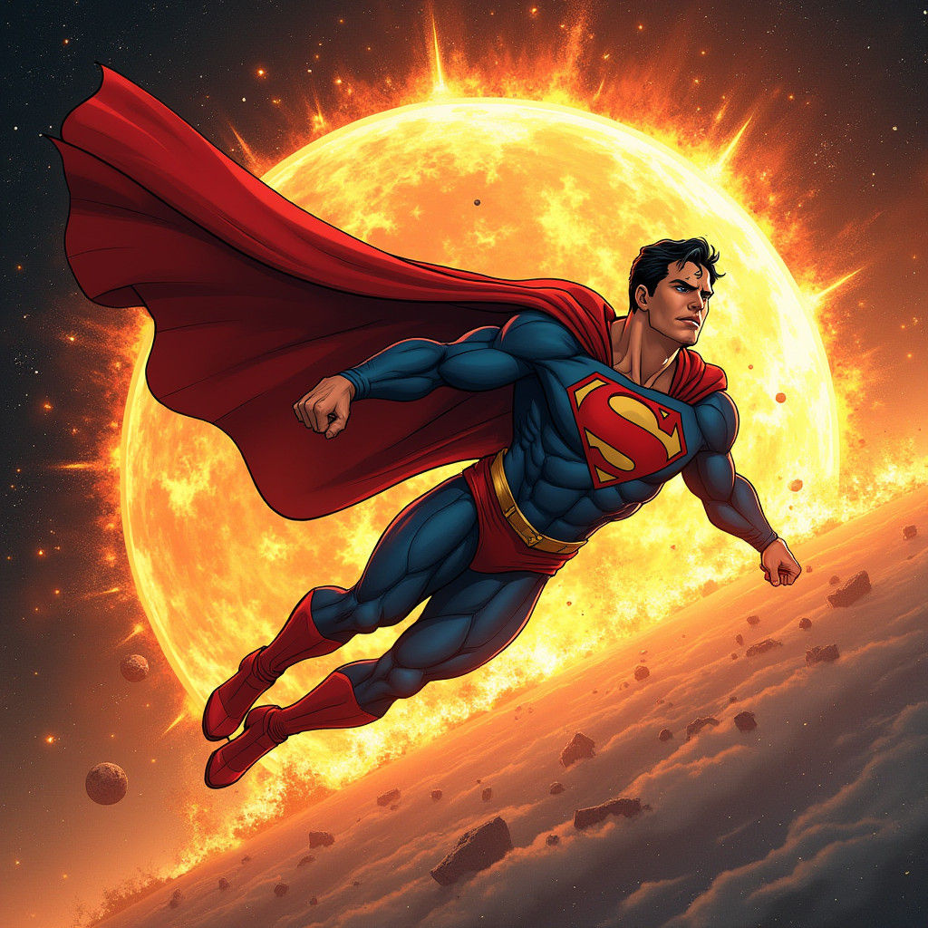 Superman Escapes Burning Earth in Comic Book Style