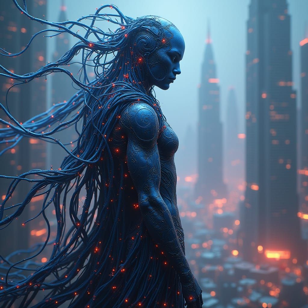 Obsidian Circuit Humanoid in Mystical Cityscape