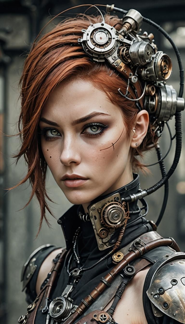 Auburn-Haired Cyberpunk Cyborg with Steampunk Engine