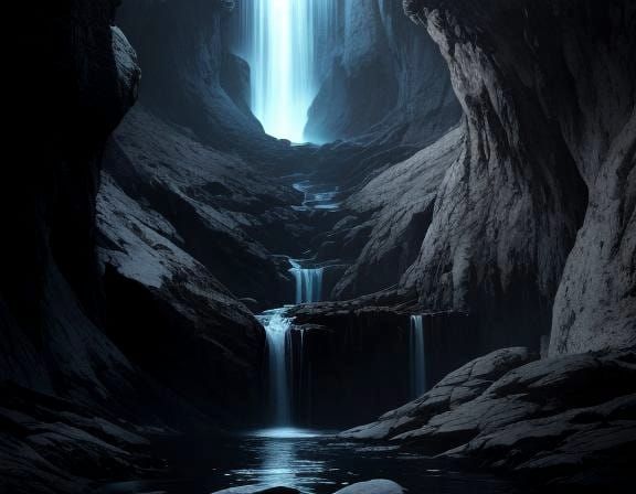 Dramatic Cave Interior with Waterfall Painting