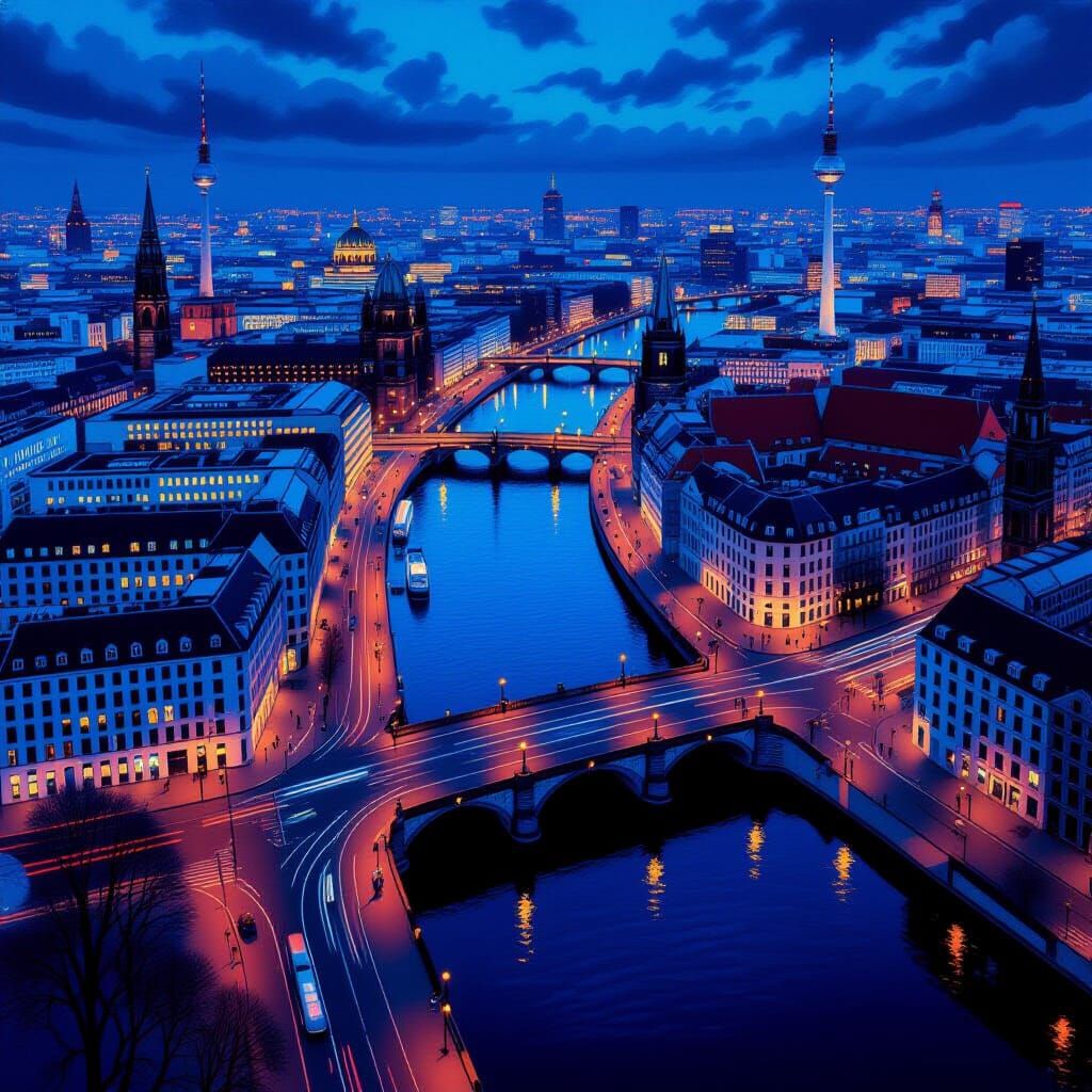Berlin Blue Hour Aerial View in Vintage Poster Art