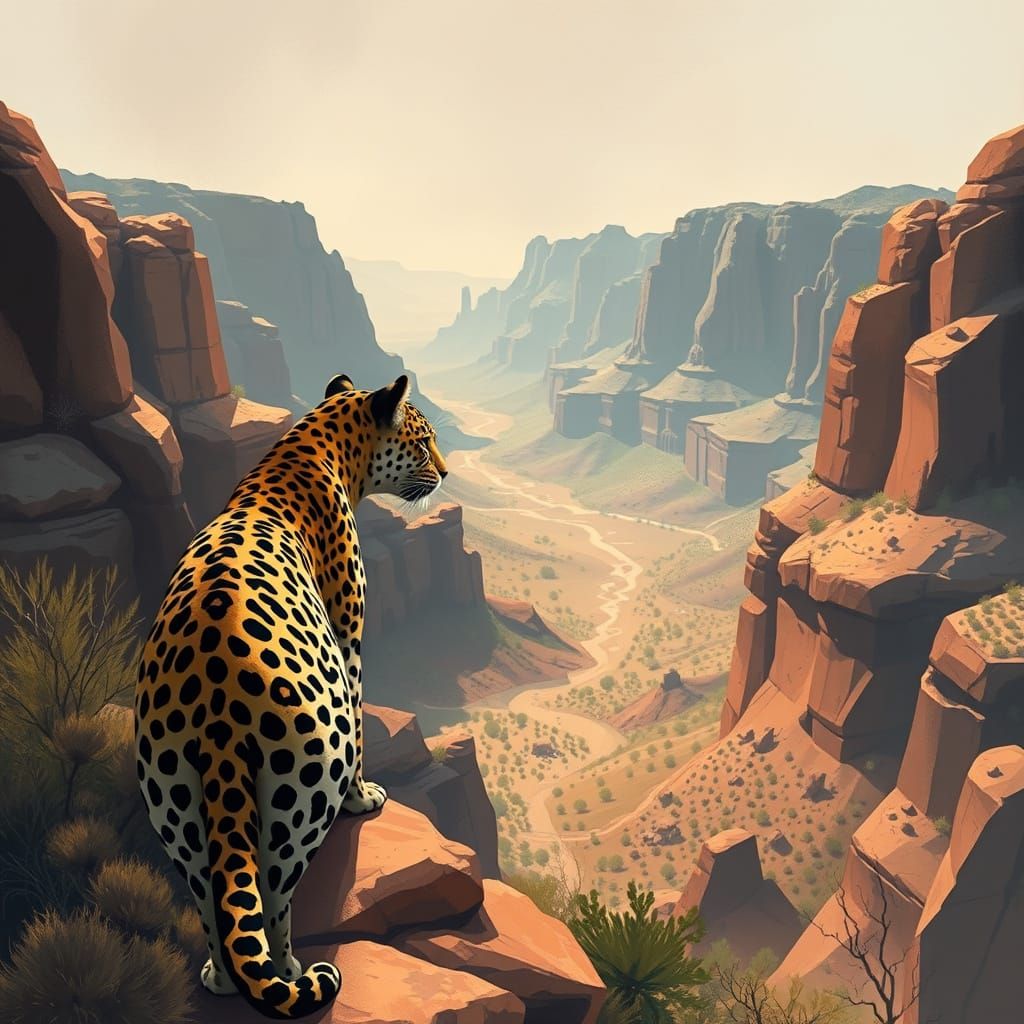 Jaguar Overlooking Desert Canyon in Abstract Art Style