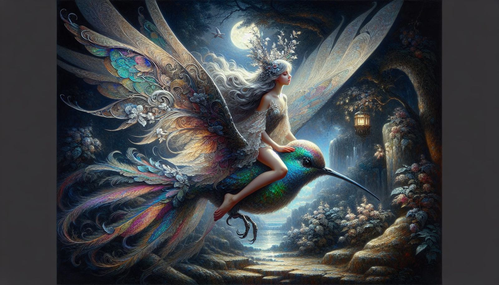 Sylph-Fairy Riding Iridescent Hummingbird in Moonlit Grotto