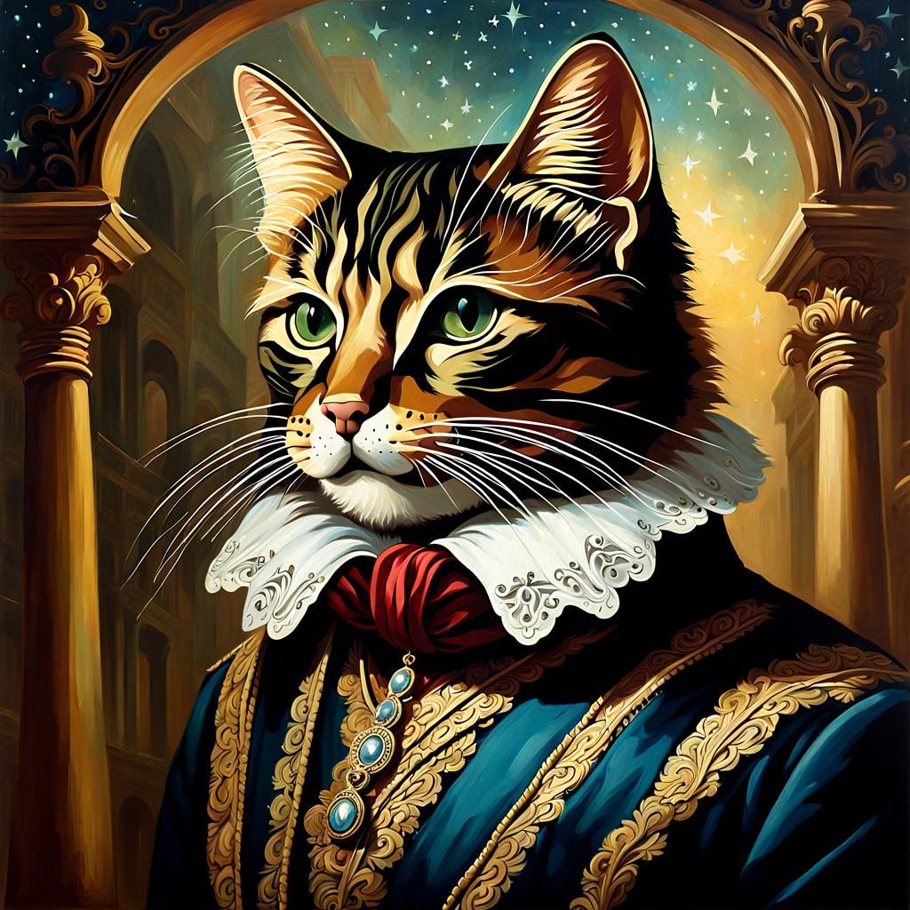 Cat Masquerade in Antique Oil Painting Style