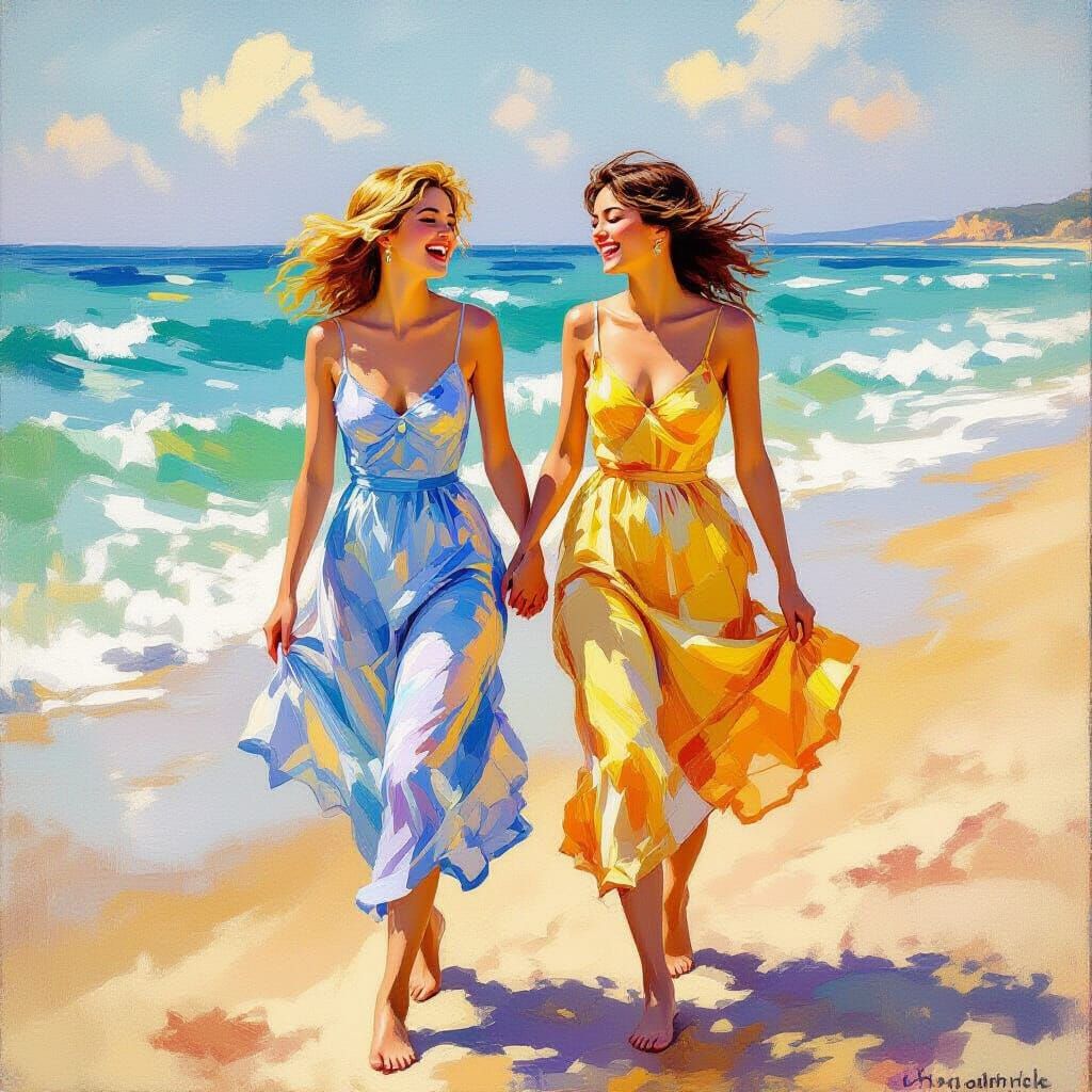 Joyful Beach Embrace in Impressionistic Oil Painting Style