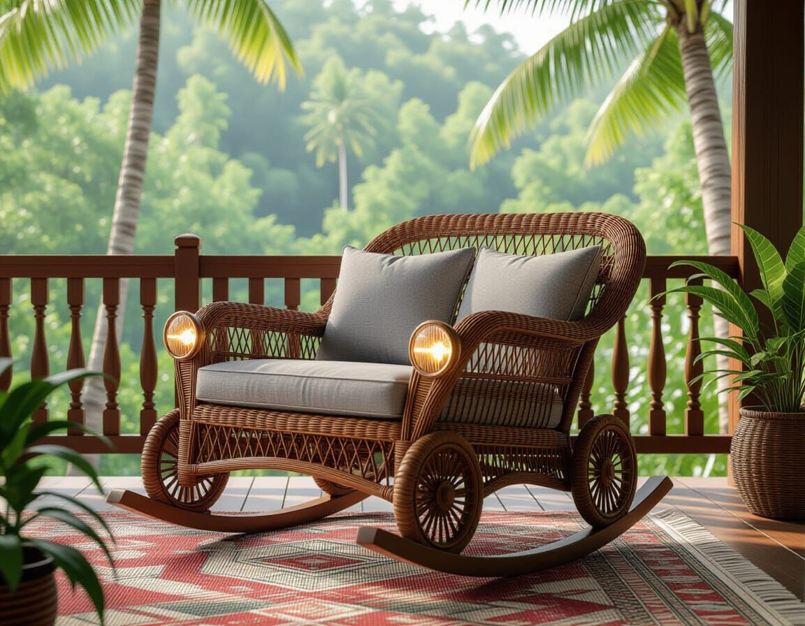 Vintage Car Rattan Rocking Chair on Veranda