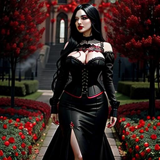 Victorian Gothic Woman in Crimson Rose Garden
