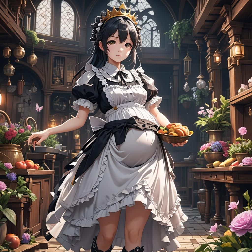 Pregnant Anime Maid in Detailed Matte Painting
