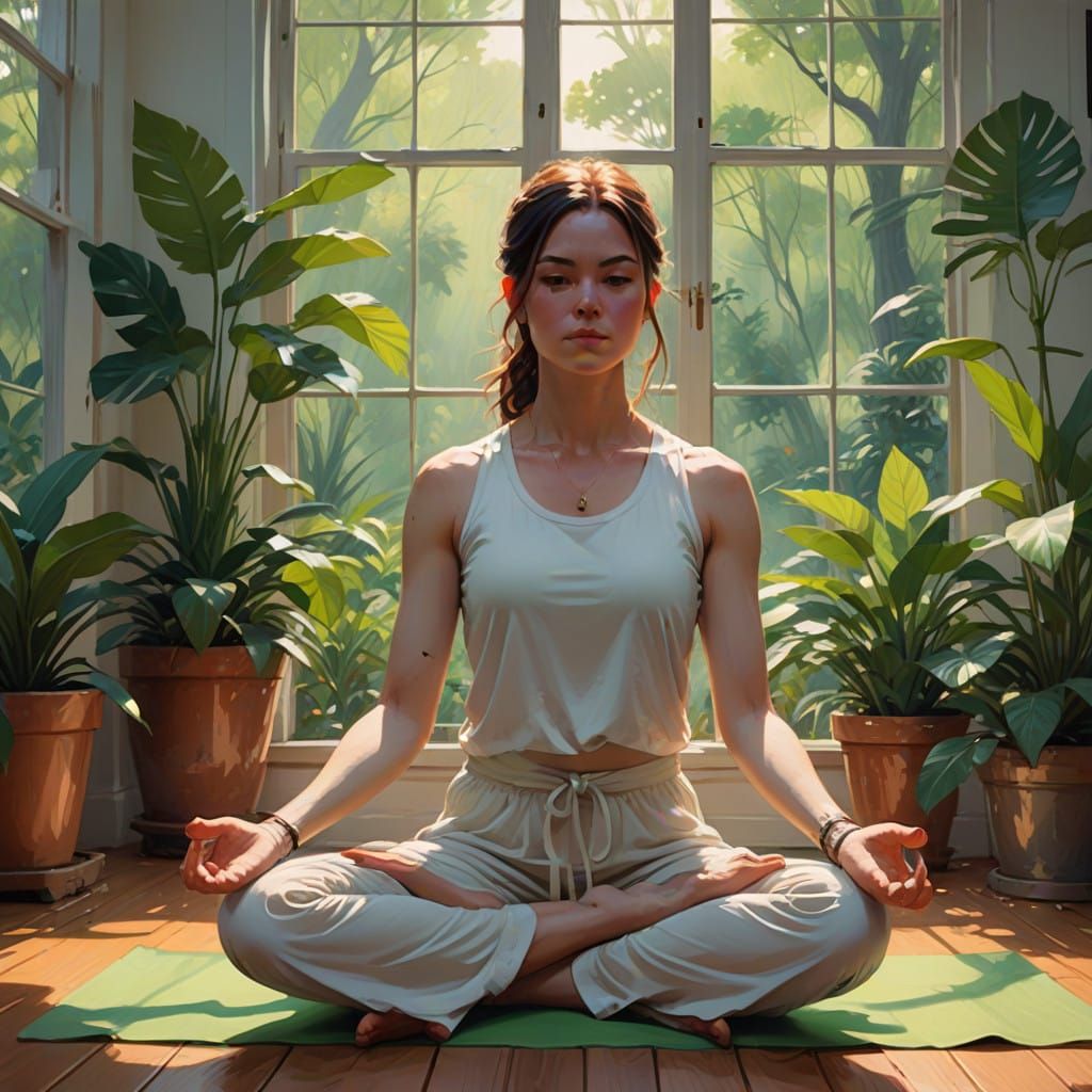 Serene Yoga Instructor in a Natural Light-Filled Studio
