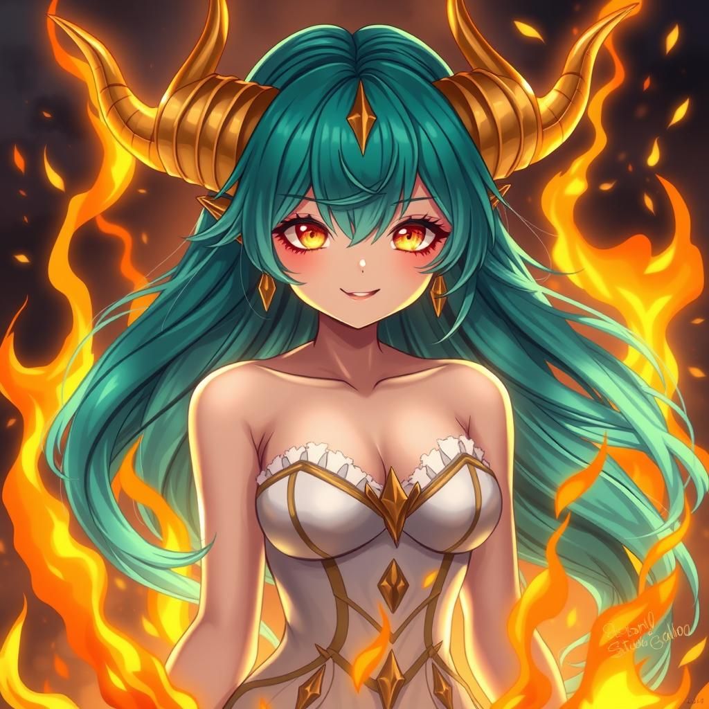Teal-Haired Woman with Golden Horns in Anime Style