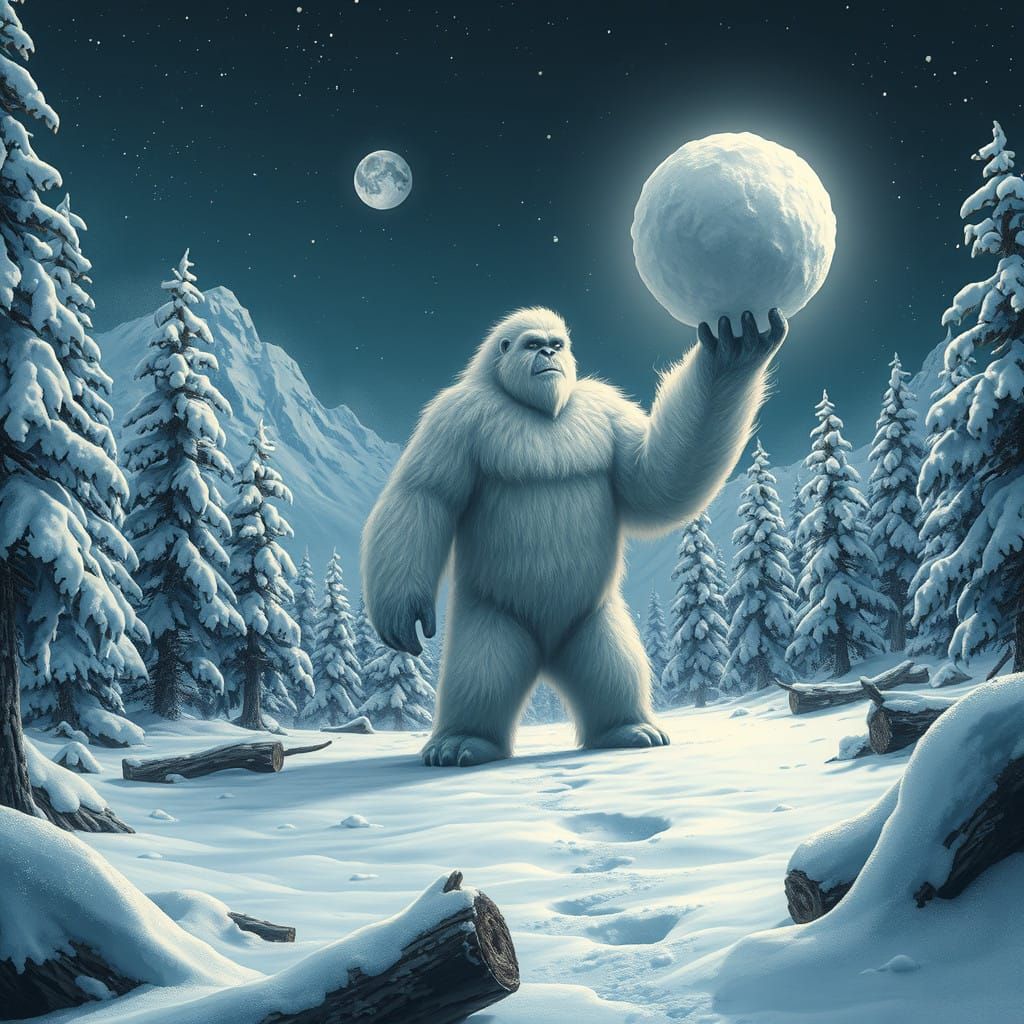 Surreal Yeti in Whimsical, Dreamlike Snowy Landscape