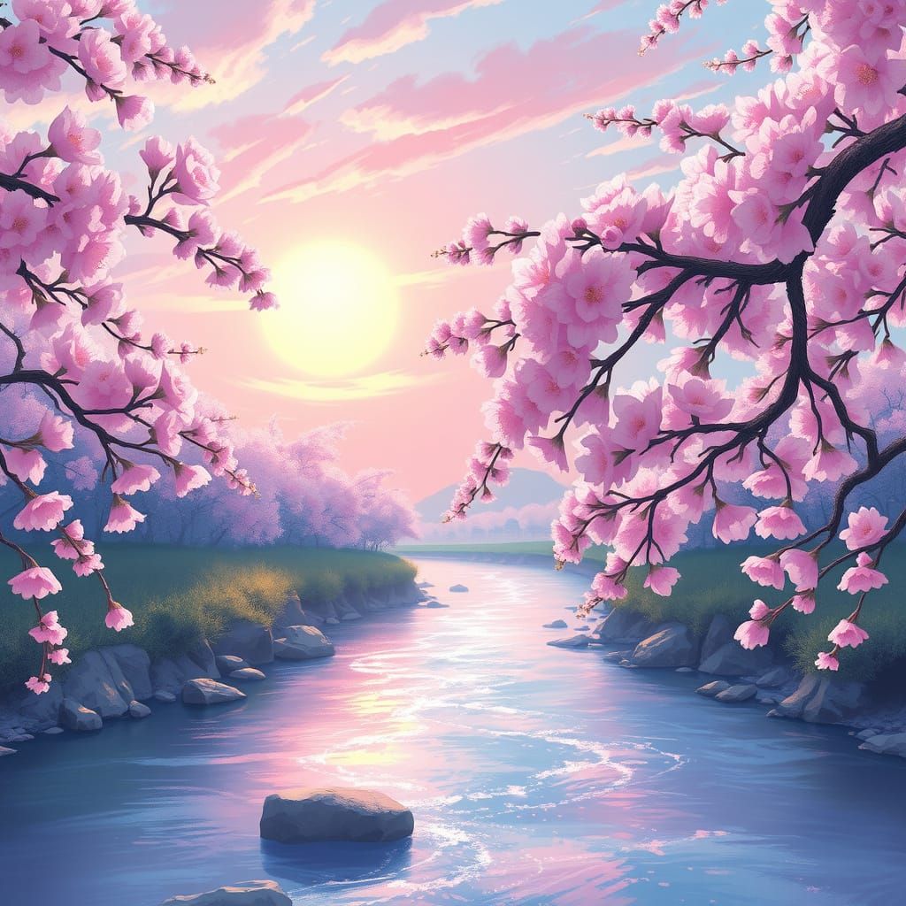 Cherry Blossoms Swaying in Fantasy Landscape
