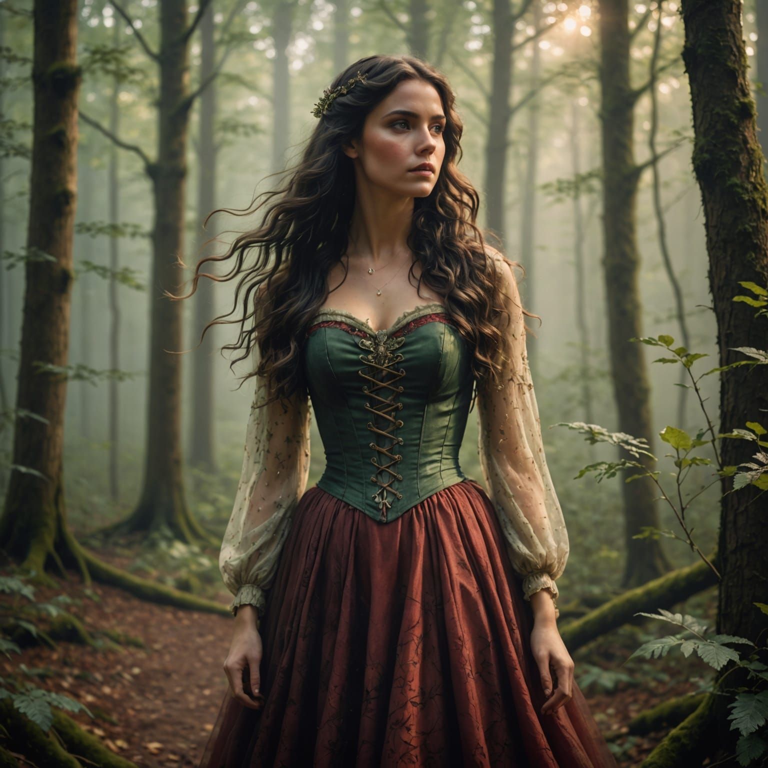 Woman in Corset in Misty Forest: Photorealistic Image