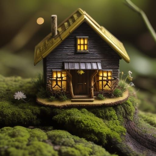 Cozy Miniature House in Forest with Fireflies
