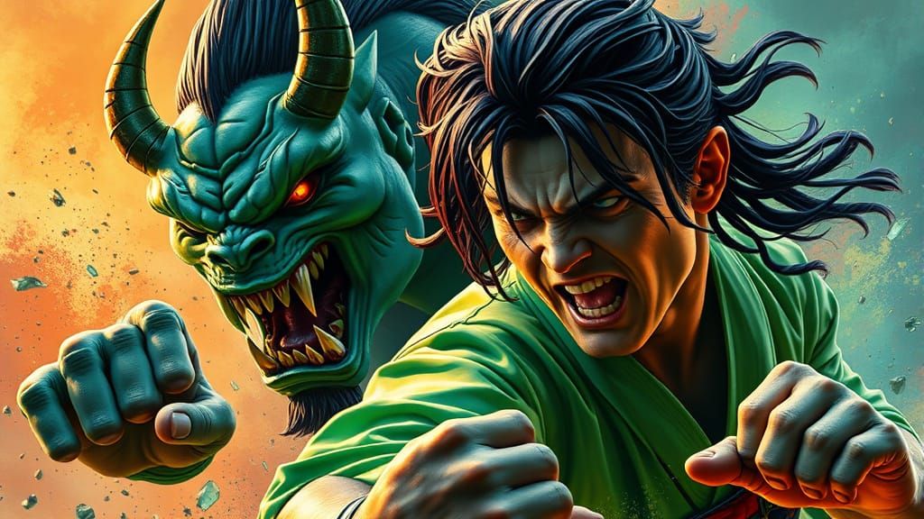 Hyperrealistic Super Villain in Green Karate Pose