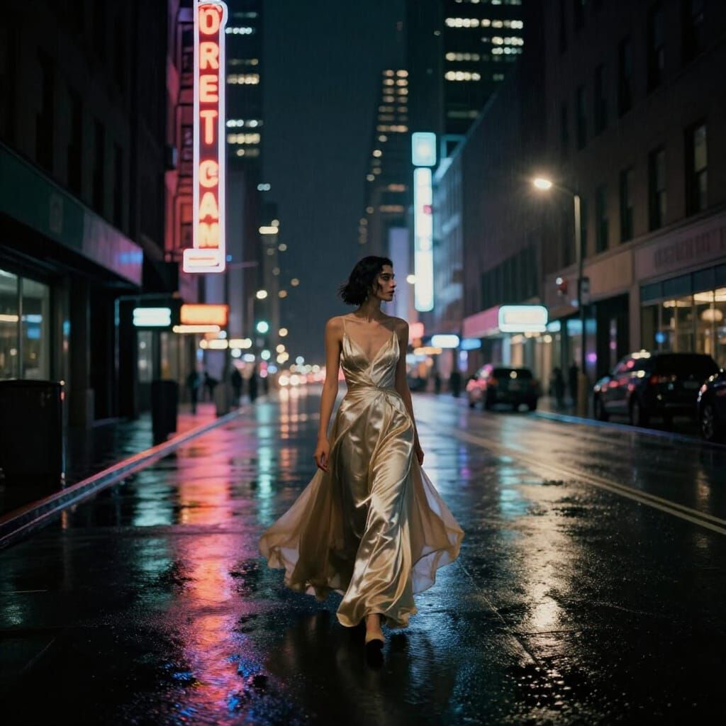 Elegant Figure on Wet Street at Night