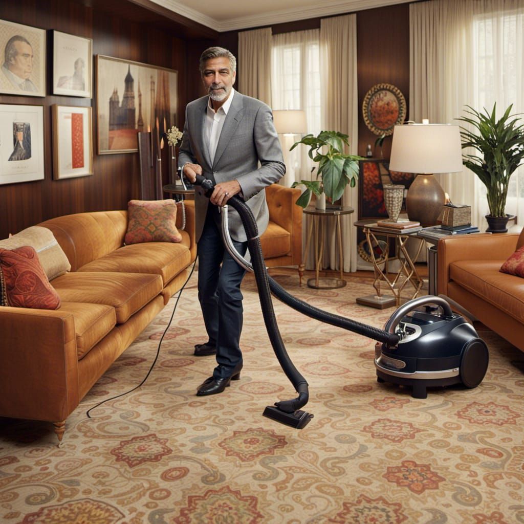 Vacuuming in a 1970s Living Room