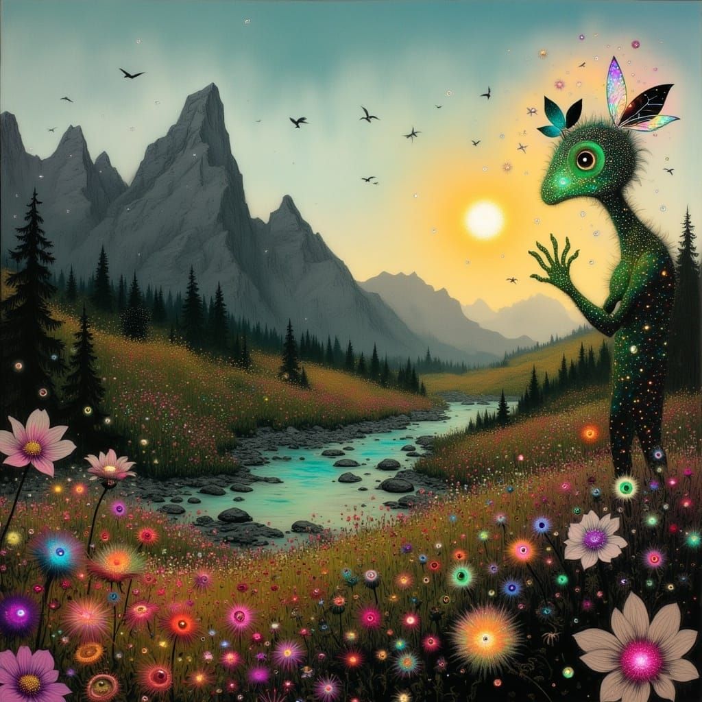 Dreamlike Gemstone Landscape with Vibrant Sunset