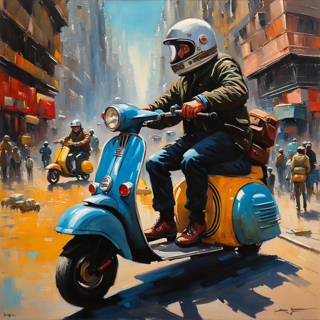 Flying Scooter in Future City, Impasto Gouache Style