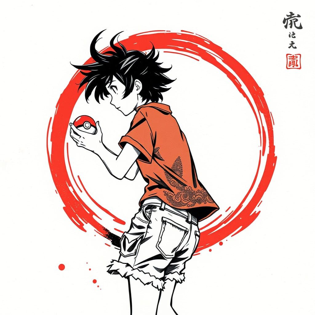 Asian Sumi-e Girl Throws Pokeball in Dynamic Profile