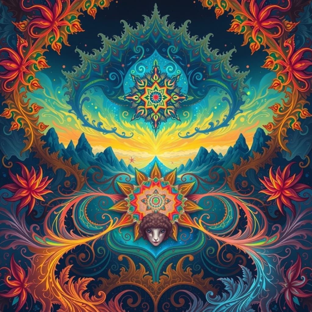 Whimsical Black Sheep in a Vibrant Dreamscape