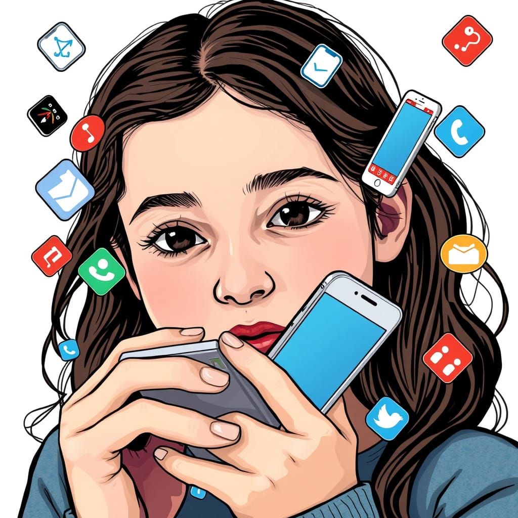 Girl Glued to Phone With Apps Surrounding Her