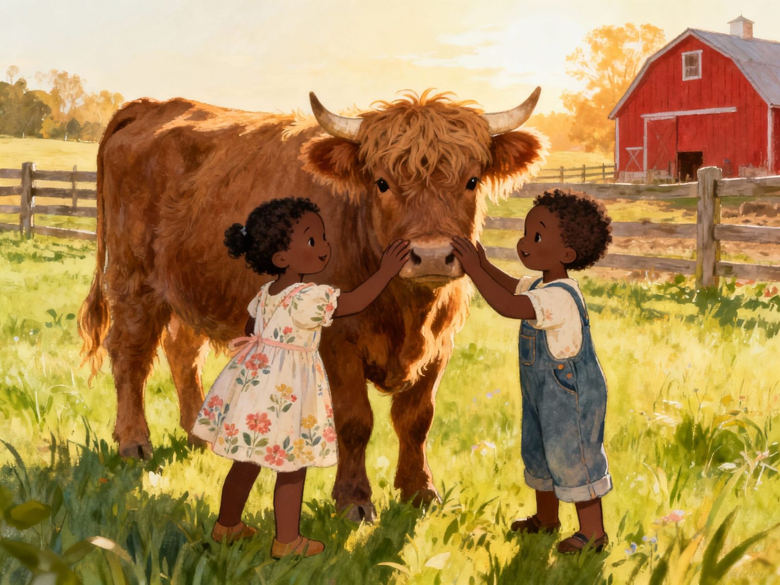 Cute Black Toddler Siblings Petting Cows on Farm