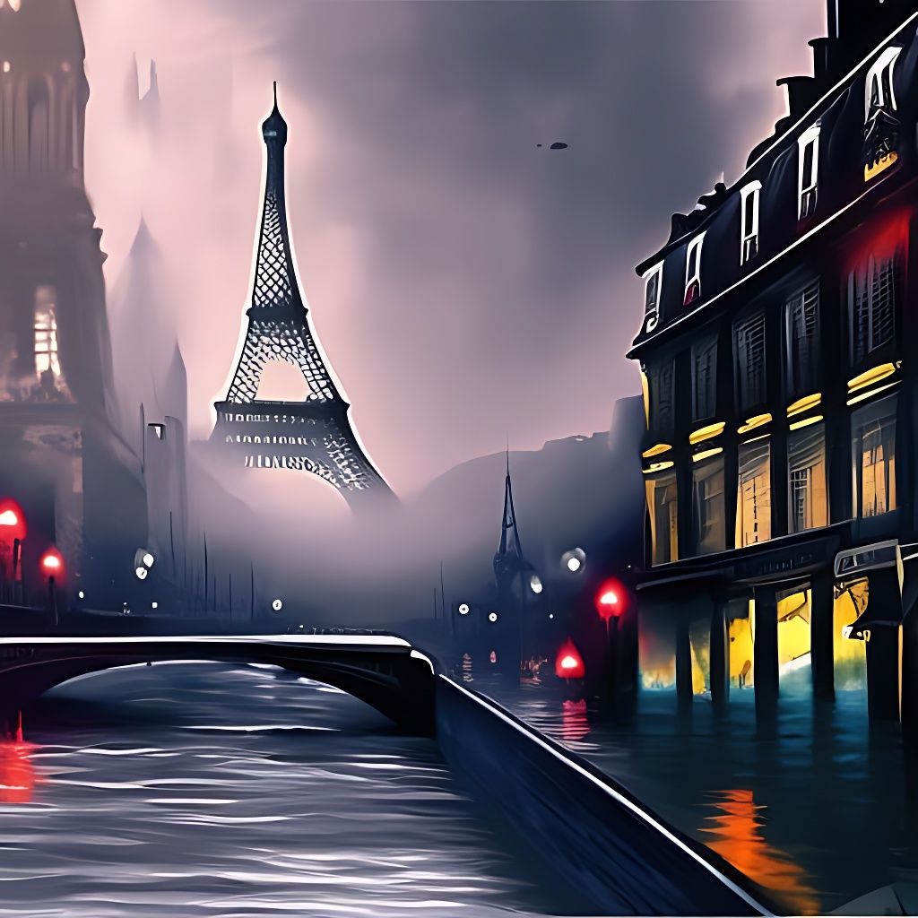 Eiffel Tower Shattered by Dark Fantasy Flood in Film Noir St...