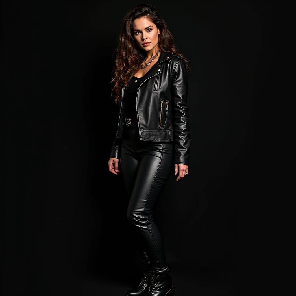 Confident Woman in Black Leather: Cyberpunk Aesthetic