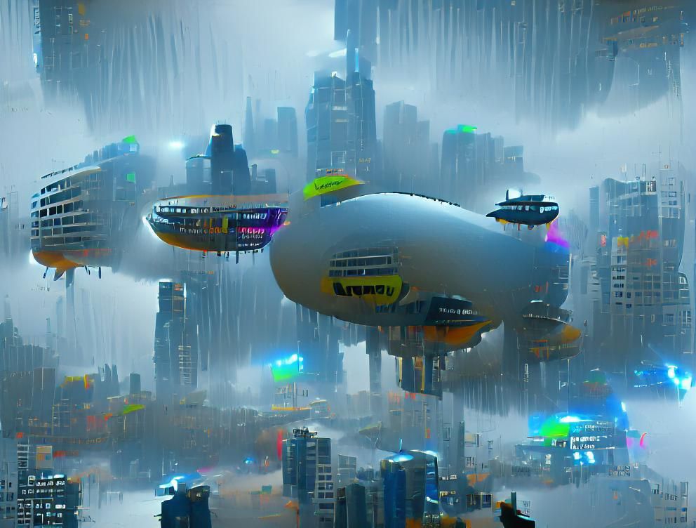 Futuristic Cyberpunk Cityscape with Blimps in Rain