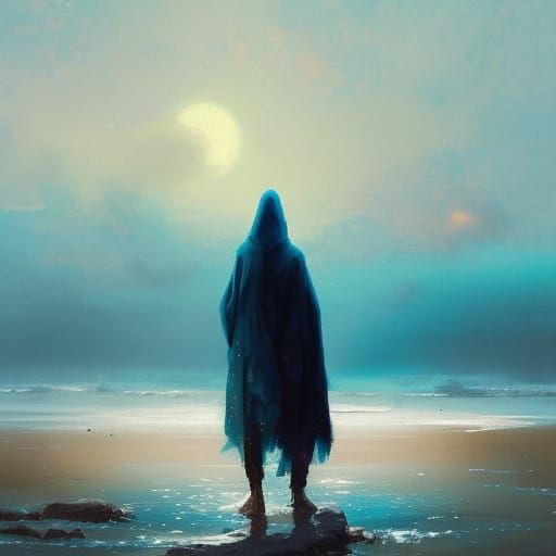 Cloaked Figure at Sunset: Matte Painting