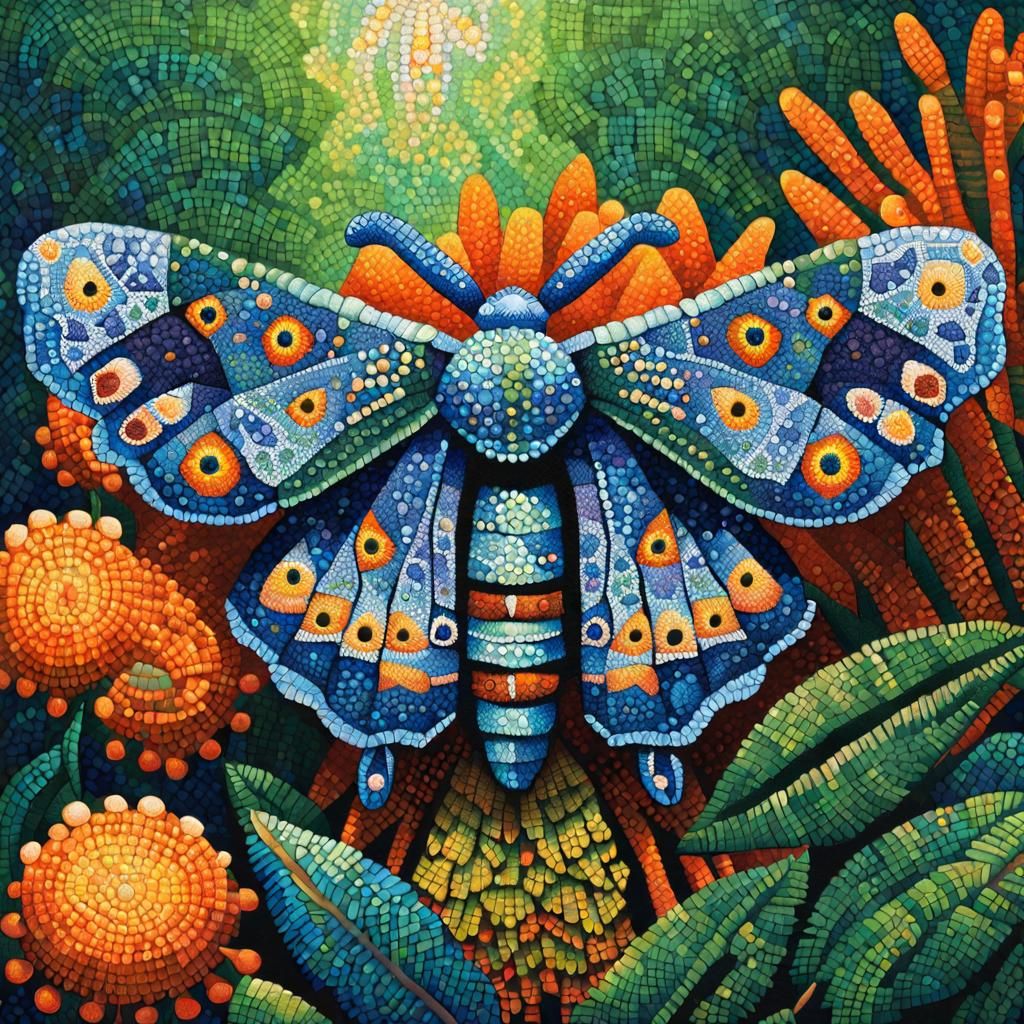 Ornate Moth in Jungle, Pointillism Illustration