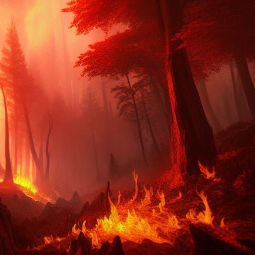 Forest Fire in Detailed Matte Painting Style