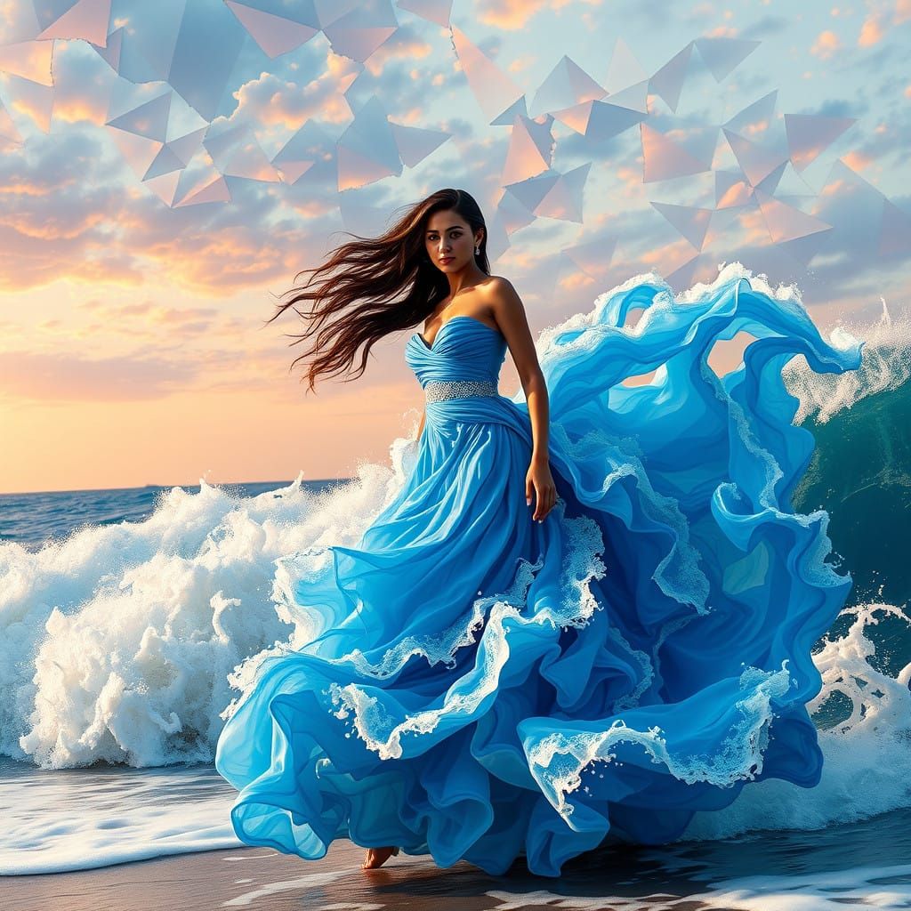 Ethereal Ocean Goddess Emerges from Turbulent Waves in a Dre...