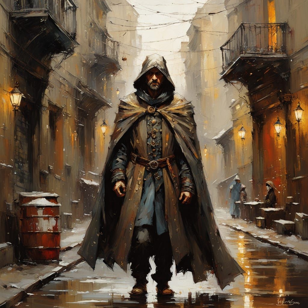 Dark Fantasy Portrait of a Cloaked Vagrant with Golden Motif...