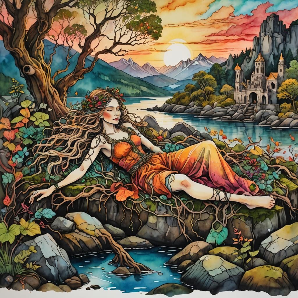 Entwined Root Woman in Ink and Watercolor