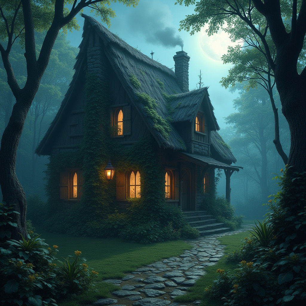 Mysterious Witch's Cottage in Misty Forest at Night